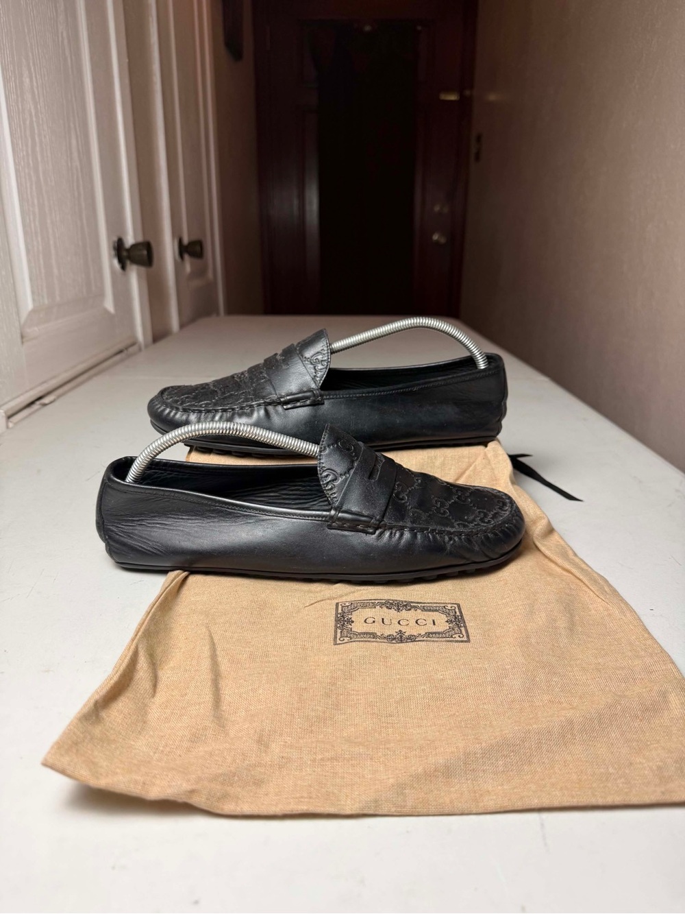 Gucci Guccissima San Marino Driving Shoes Black Leather Mens Penny Loafer Sz 10